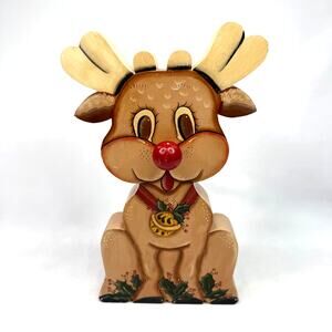 Vintage Hand Painted Wooden Reindeer Musical Christmas Decoration